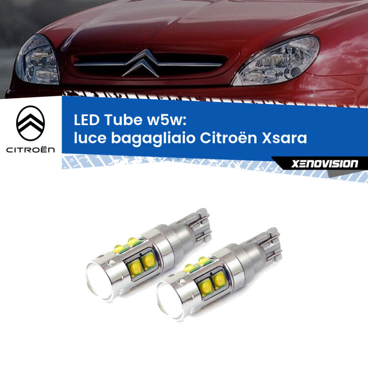 <strong>Luce Bagagliaio LED 6000k per Citroën Xsara</strong>  1997 - 2005. Lampadine <strong>W5W</strong> canbus modello Tube, luce bianco lunare, lunga durata e compatibilità.