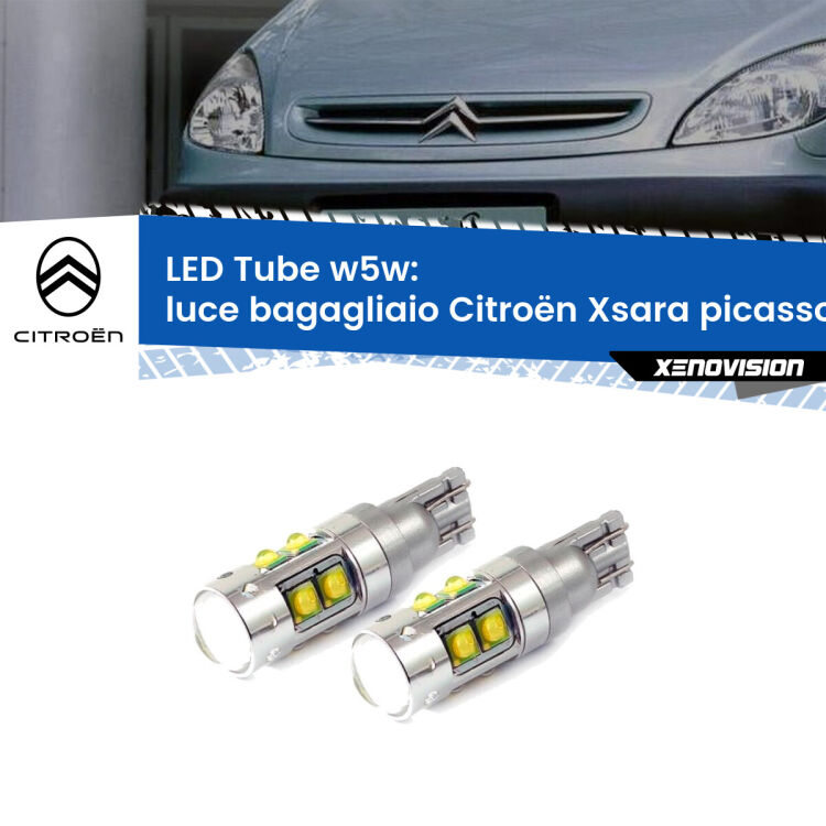 <strong>Luce Bagagliaio LED 6000k per Citroën Xsara picasso</strong>  1999 - 2012. Lampadine <strong>W5W</strong> canbus modello Tube, luce bianco lunare, lunga durata e compatibilità.