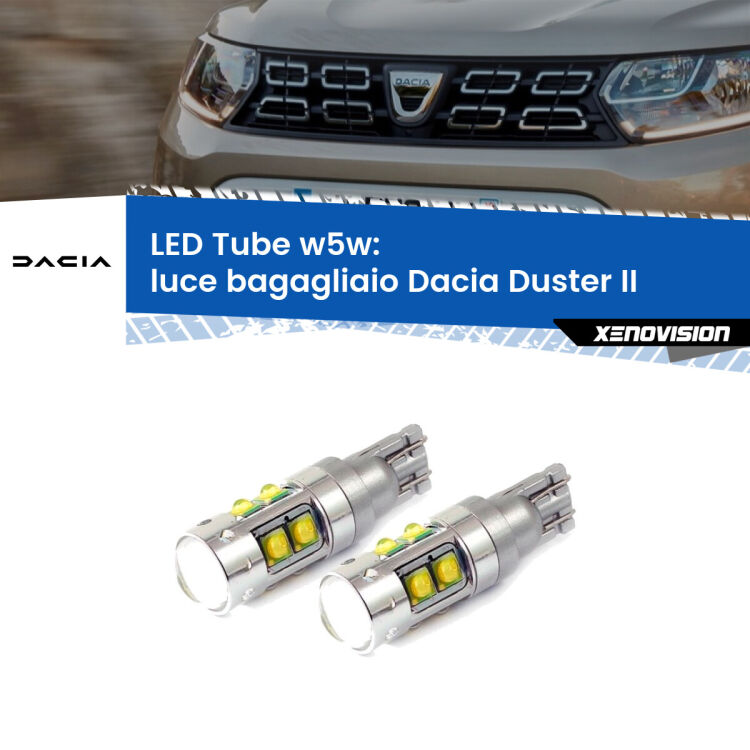 <strong>Luce Bagagliaio LED 6000k per Dacia Duster</strong> II 2017 in poi. Lampadine <strong>W5W</strong> canbus modello Tube, luce bianco lunare, lunga durata e compatibilità.