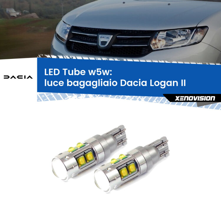 <strong>Luce Bagagliaio LED 6000k per Dacia Logan</strong> II 2012 in poi. Lampadine <strong>W5W</strong> canbus modello Tube, luce bianco lunare, lunga durata e compatibilità.