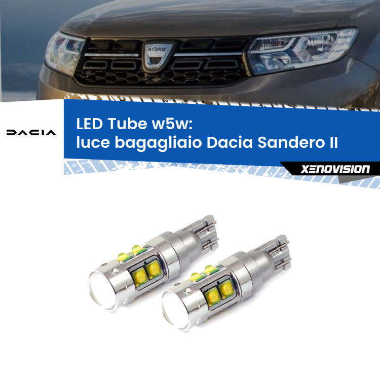 <strong>Luce Bagagliaio LED 6000k per Dacia Sandero II</strong>  2012 in poi. Lampadine <strong>W5W</strong> canbus modello Tube, luce bianco lunare, lunga durata e compatibilità.