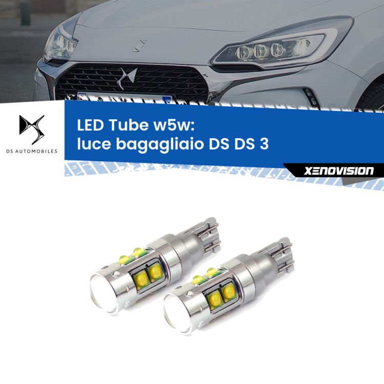 <strong>Luce Bagagliaio LED 6000k per DS DS 3</strong>  2015 in poi. Lampadine <strong>W5W</strong> canbus modello Tube, luce bianco lunare, lunga durata e compatibilità.