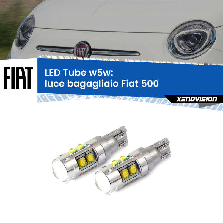 <strong>Luce Bagagliaio LED 6000k per Fiat 500</strong>  2007 - 2022. Lampadine <strong>W5W</strong> canbus modello Tube, luce bianco lunare, lunga durata e compatibilità.