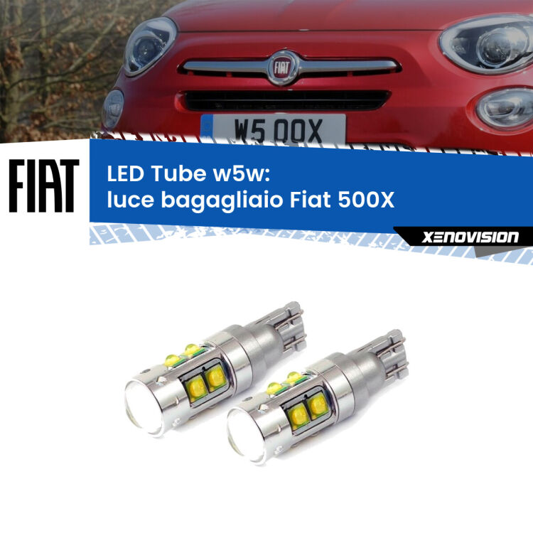 <strong>Luce Bagagliaio LED 6000k per Fiat 500X</strong>  2014 in poi. Lampadine <strong>W5W</strong> canbus modello Tube, luce bianco lunare, lunga durata e compatibilità.