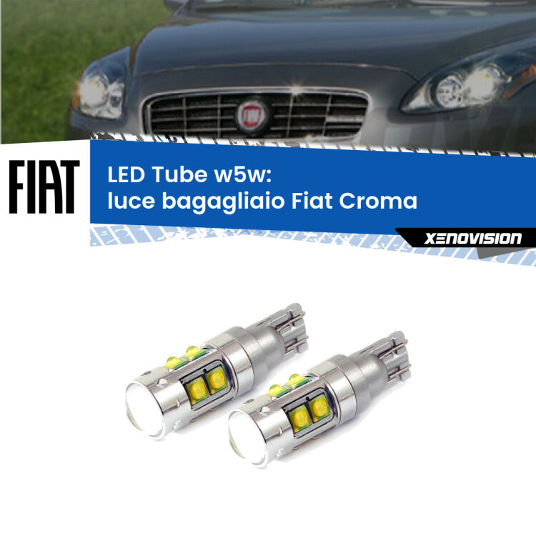 <strong>Luce Bagagliaio LED 6000k per Fiat Croma</strong>  2005 - 2010. Lampadine <strong>W5W</strong> canbus modello Tube, luce bianco lunare, lunga durata e compatibilità.