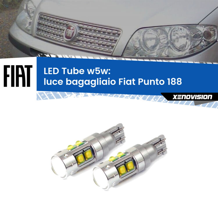 <strong>Luce Bagagliaio LED 6000k per Fiat Punto</strong> 188 1999 - 2010. Lampadine <strong>W5W</strong> canbus modello Tube, luce bianco lunare, lunga durata e compatibilità.