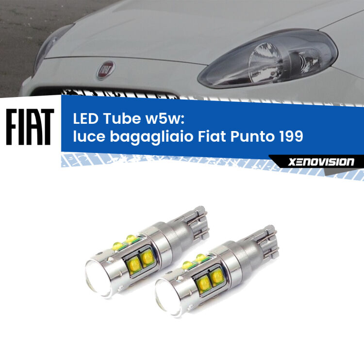 <strong>Luce Bagagliaio LED 6000k per Fiat Punto</strong> 199 2012 - 2018. Lampadine <strong>W5W</strong> canbus modello Tube, luce bianco lunare, lunga durata e compatibilità.