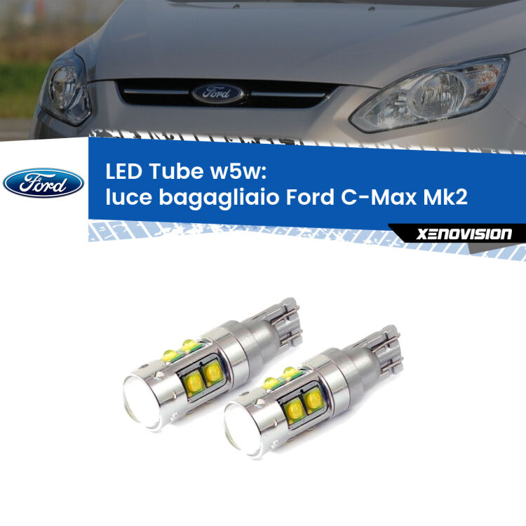 <strong>Luce Bagagliaio LED 6000k per Ford C-Max</strong> Mk2 2011 - 2019. Lampadine <strong>W5W</strong> canbus modello Tube, luce bianco lunare, lunga durata e compatibilità.