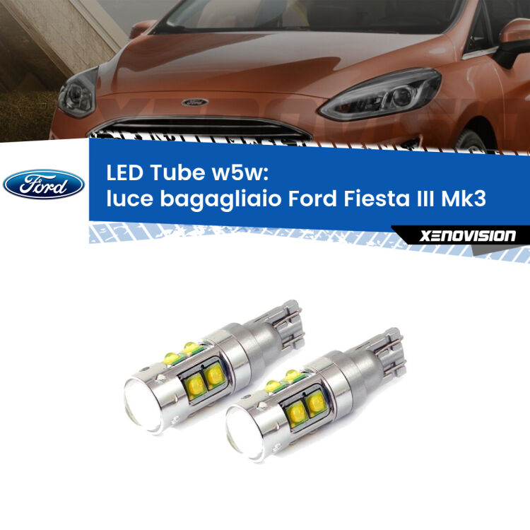 <strong>Luce Bagagliaio LED 6000k per Ford Fiesta III</strong> Mk3 1989 - 1995. Lampadine <strong>W5W</strong> canbus modello Tube, luce bianco lunare, lunga durata e compatibilità.