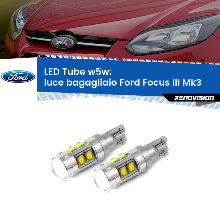 <strong>Luce Bagagliaio LED 6000k per Ford Focus III</strong> Mk3 2011 - 2014. Lampadine <strong>W5W</strong> canbus modello Tube, luce bianco lunare, lunga durata e compatibilità.