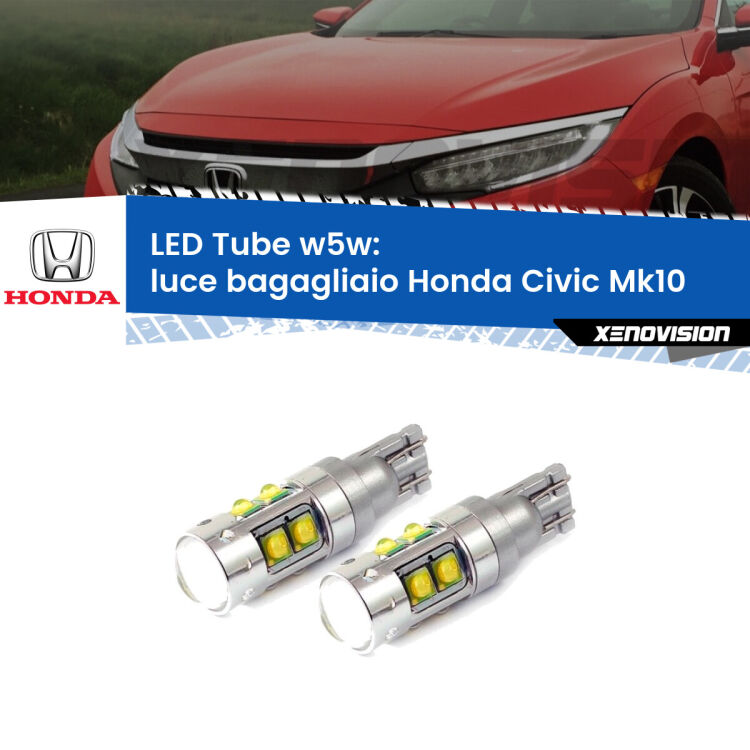 <strong>Luce Bagagliaio LED 6000k per Honda Civic</strong> Mk10 2016 - 2020. Lampadine <strong>W5W</strong> canbus modello Tube, luce bianco lunare, lunga durata e compatibilità.