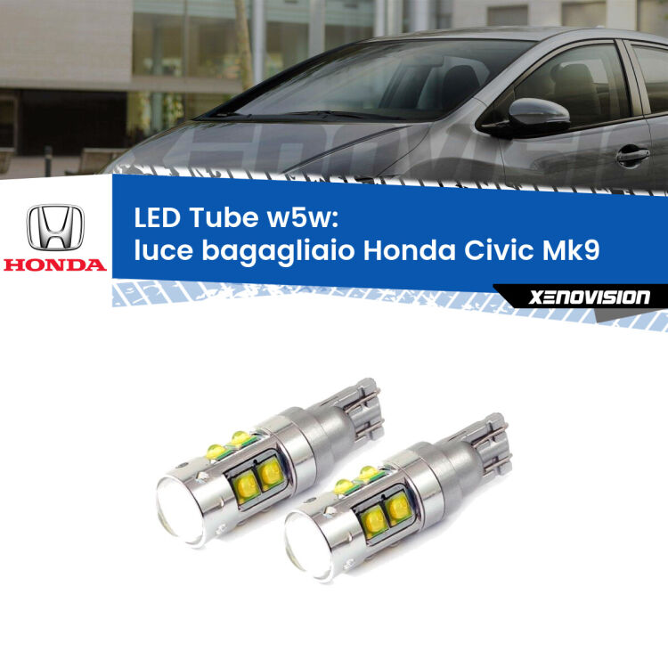 <strong>Luce Bagagliaio LED 6000k per Honda Civic</strong> Mk9 2011 - 2015. Lampadine <strong>W5W</strong> canbus modello Tube, luce bianco lunare, lunga durata e compatibilità.