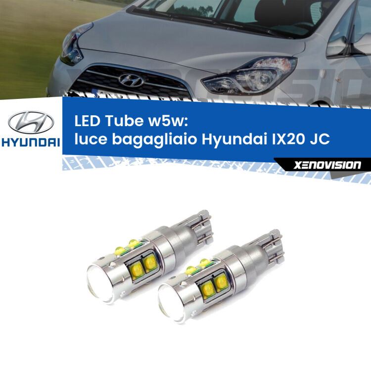 <strong>Luce Bagagliaio LED 6000k per Hyundai IX20</strong> JC 2010 in poi. Lampadine <strong>W5W</strong> canbus modello Tube, luce bianco lunare, lunga durata e compatibilità.