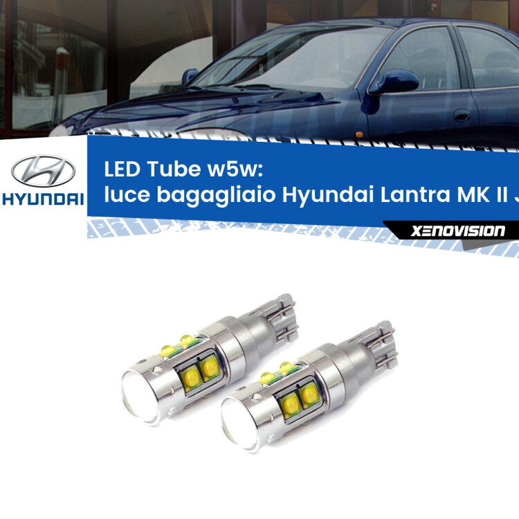 <strong>Luce Bagagliaio LED 6000k per Hyundai Lantra MK II</strong> J-2 prima serie. Lampadine <strong>W5W</strong> canbus modello Tube, luce bianco lunare, lunga durata e compatibilità.