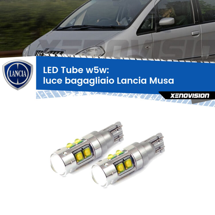 <strong>Luce Bagagliaio LED 6000k per Lancia Musa</strong>  2004 - 2012. Lampadine <strong>W5W</strong> canbus modello Tube, luce bianco lunare, lunga durata e compatibilità.