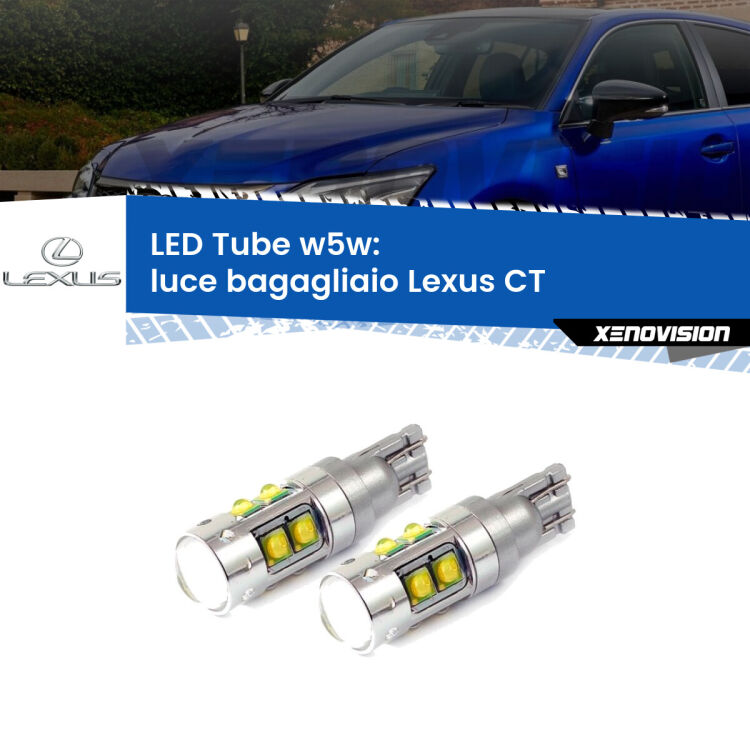 <strong>Luce Bagagliaio LED 6000k per Lexus CT</strong>  2015 in poi. Lampadine <strong>W5W</strong> canbus modello Tube, luce bianco lunare, lunga durata e compatibilità.