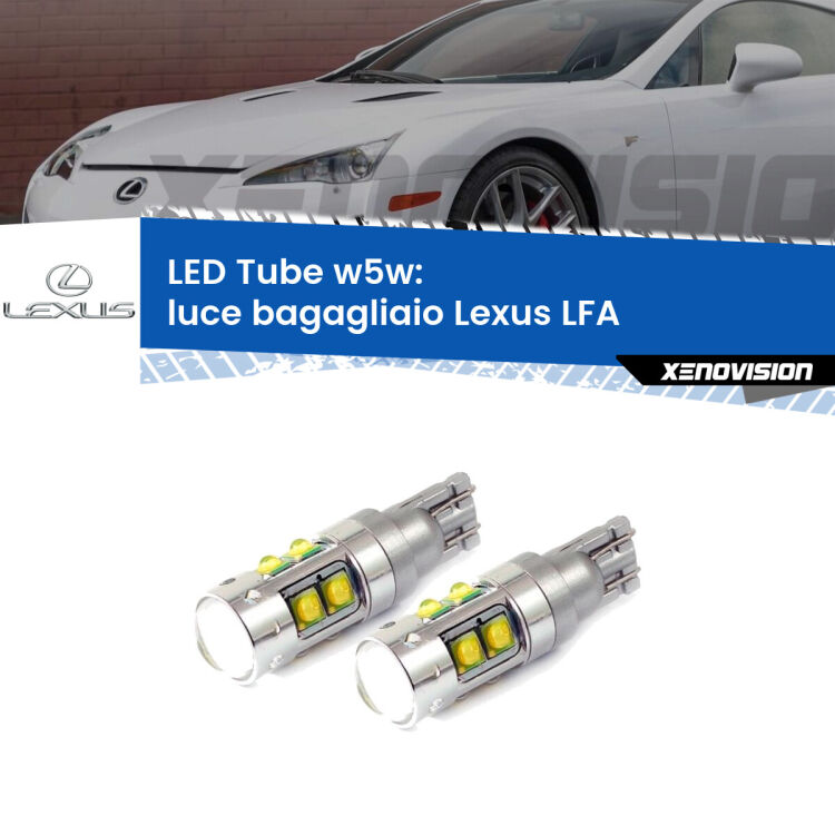 <strong>Luce Bagagliaio LED 6000k per Lexus LFA</strong>  2010 - 2012. Lampadine <strong>W5W</strong> canbus modello Tube, luce bianco lunare, lunga durata e compatibilità.