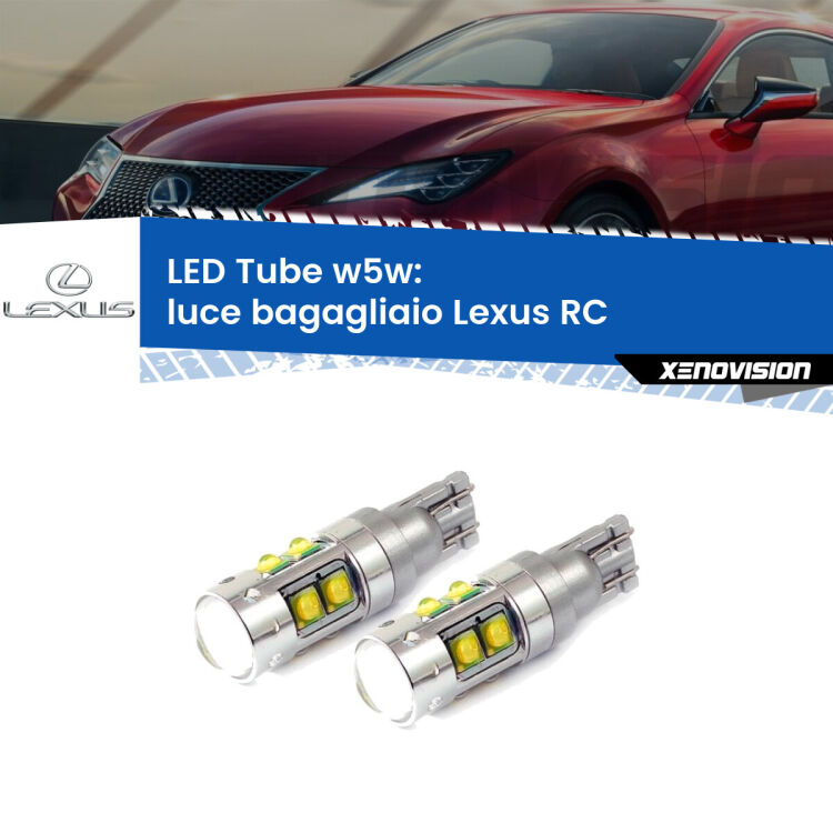 <strong>Luce Bagagliaio LED 6000k per Lexus RC</strong>  2014 in poi. Lampadine <strong>W5W</strong> canbus modello Tube, luce bianco lunare, lunga durata e compatibilità.