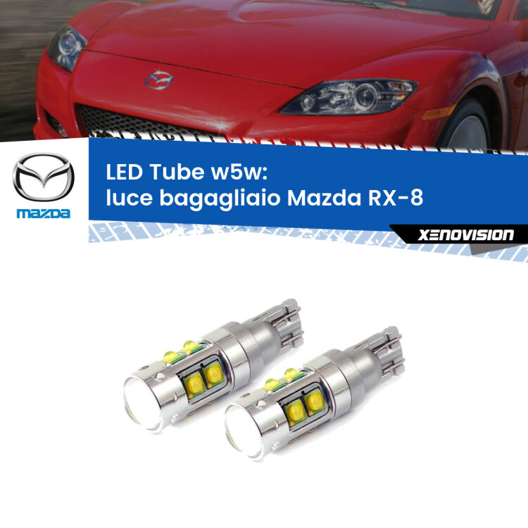 <strong>Luce Bagagliaio LED 6000k per Mazda RX-8</strong>  2003 - 2012. Lampadine <strong>W5W</strong> canbus modello Tube, luce bianco lunare, lunga durata e compatibilità.