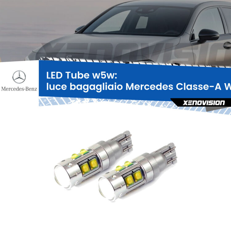 <strong>Luce Bagagliaio LED 6000k per Mercedes Classe-A</strong> W176 2012 - 2018. Lampadine <strong>W5W</strong> canbus modello Tube, luce bianco lunare, lunga durata e compatibilità.