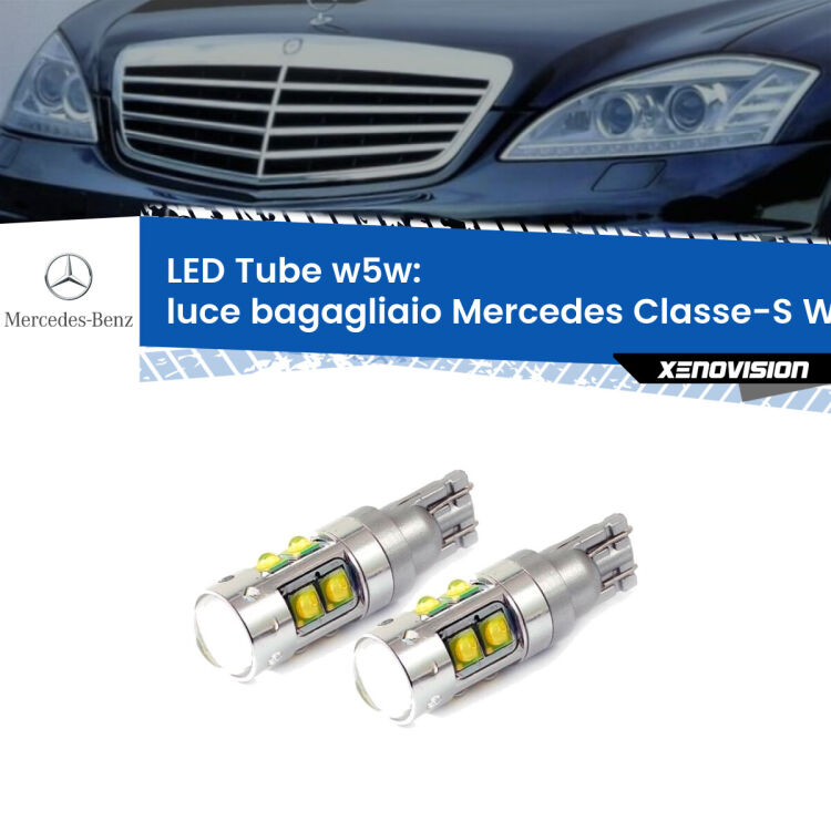 <strong>Luce Bagagliaio LED 6000k per Mercedes Classe-S</strong> W221 2005 - 2013. Lampadine <strong>W5W</strong> canbus modello Tube, luce bianco lunare, lunga durata e compatibilità.