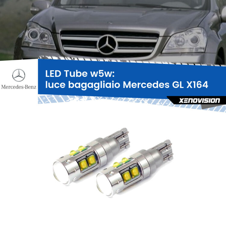 <strong>Luce Bagagliaio LED 6000k per Mercedes GL</strong> X164 2006 - 2012. Lampadine <strong>W5W</strong> canbus modello Tube, luce bianco lunare, lunga durata e compatibilità.