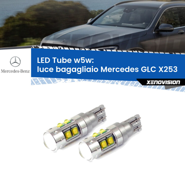 <strong>Luce Bagagliaio LED 6000k per Mercedes GLC</strong> X253 2015 - 2019. Lampadine <strong>W5W</strong> canbus modello Tube, luce bianco lunare, lunga durata e compatibilità.