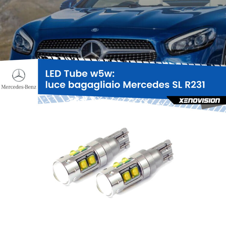 <strong>Luce Bagagliaio LED 6000k per Mercedes SL</strong> R231 2012 in poi. Lampadine <strong>W5W</strong> canbus modello Tube, luce bianco lunare, lunga durata e compatibilità.