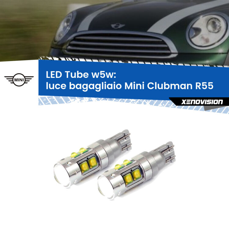 <strong>Luce Bagagliaio LED 6000k per Mini Clubman</strong> R55 2007 - 2015. Lampadine <strong>W5W</strong> canbus modello Tube, luce bianco lunare, lunga durata e compatibilità.