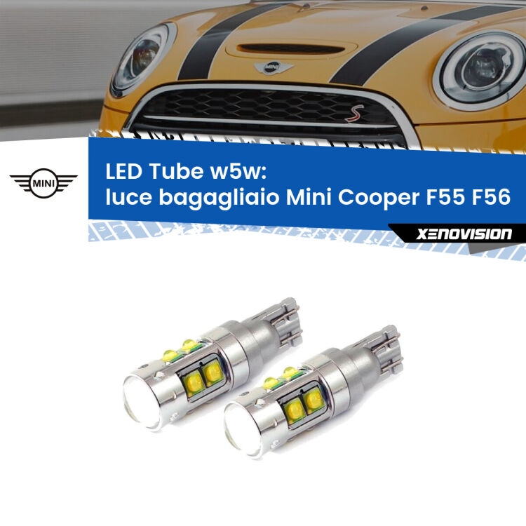 <strong>Luce Bagagliaio LED 6000k per Mini Cooper</strong> F55 F56 2013 - 2017. Lampadine <strong>W5W</strong> canbus modello Tube, luce bianco lunare, lunga durata e compatibilità.