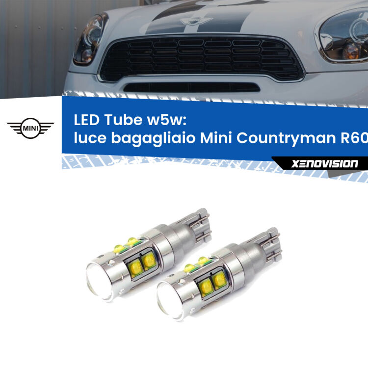 <strong>Luce Bagagliaio LED 6000k per Mini Countryman</strong> R60 2010 - 2016. Lampadine <strong>W5W</strong> canbus modello Tube, luce bianco lunare, lunga durata e compatibilità.