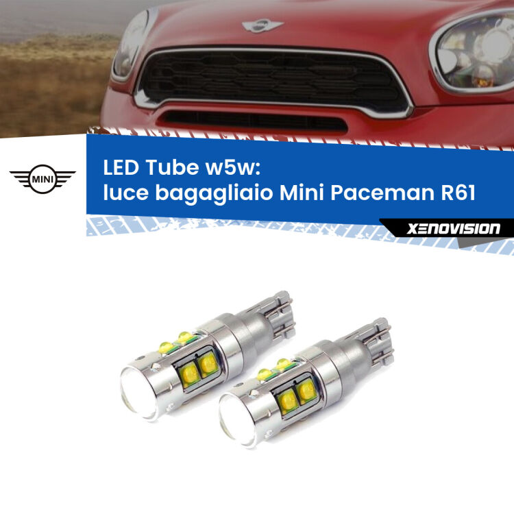 <strong>Luce Bagagliaio LED 6000k per Mini Paceman</strong> R61 2012 - 2016. Lampadine <strong>W5W</strong> canbus modello Tube, luce bianco lunare, lunga durata e compatibilità.