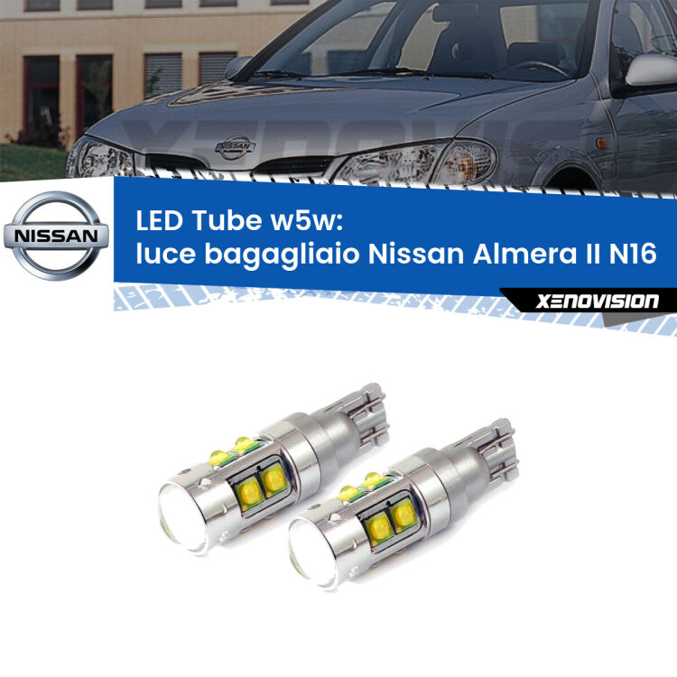 <strong>Luce Bagagliaio LED 6000k per Nissan Almera II</strong> N16 2000 - 2006. Lampadine <strong>W5W</strong> canbus modello Tube, luce bianco lunare, lunga durata e compatibilità.