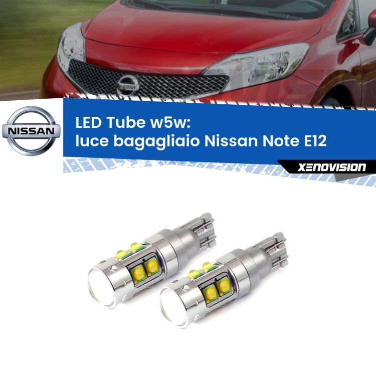 <strong>Luce Bagagliaio LED 6000k per Nissan Note</strong> E12 2013 in poi. Lampadine <strong>W5W</strong> canbus modello Tube, luce bianco lunare, lunga durata e compatibilità.