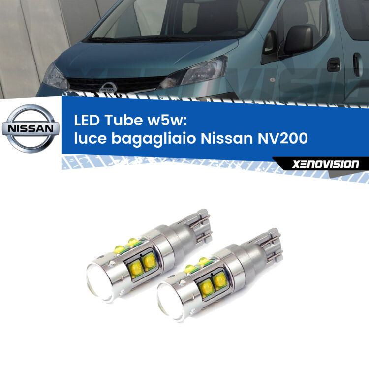 <strong>Luce Bagagliaio LED 6000k per Nissan NV200</strong>  2010 - 2019. Lampadine <strong>W5W</strong> canbus modello Tube, luce bianco lunare, lunga durata e compatibilità.