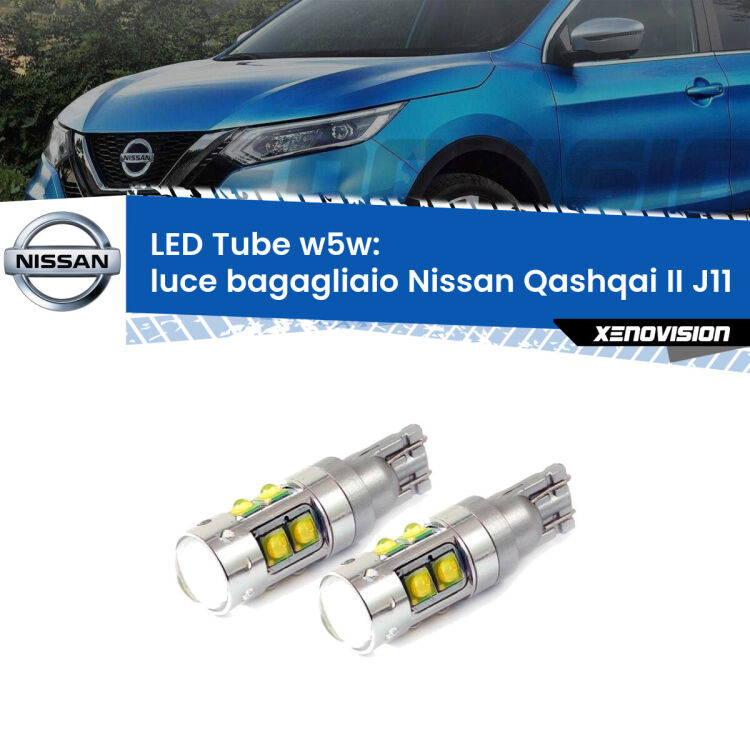 <strong>Luce Bagagliaio LED 6000k per Nissan Qashqai II</strong> J11 2014 in poi. Lampadine <strong>W5W</strong> canbus modello Tube, luce bianco lunare, lunga durata e compatibilità.