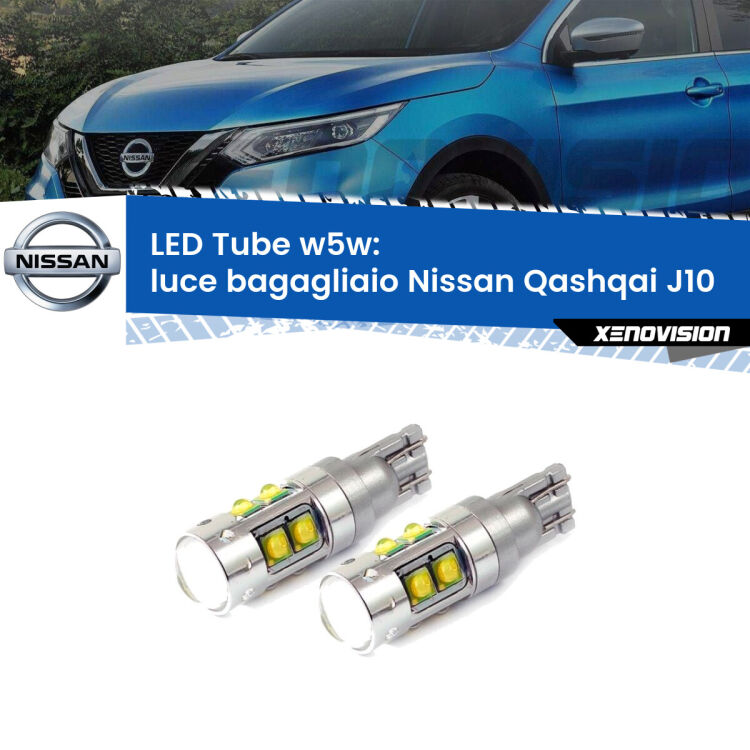 <strong>Luce Bagagliaio LED 6000k per Nissan Qashqai</strong> J10 2007 - 2013. Lampadine <strong>W5W</strong> canbus modello Tube, luce bianco lunare, lunga durata e compatibilità.