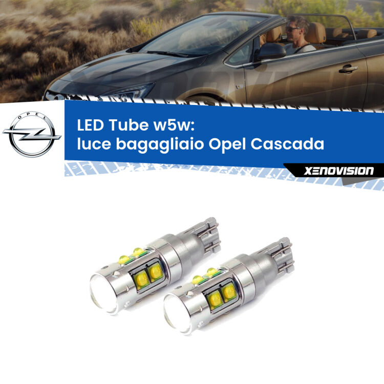 <strong>Luce Bagagliaio LED 6000k per Opel Cascada</strong>  2013 - 2019. Lampadine <strong>W5W</strong> canbus modello Tube, luce bianco lunare, lunga durata e compatibilità.