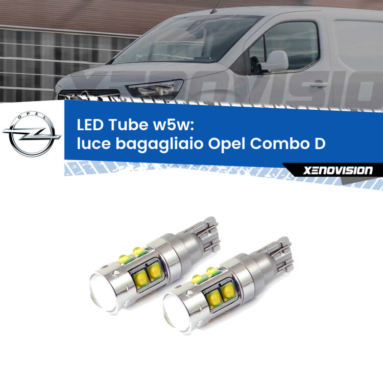 <strong>Luce Bagagliaio LED 6000k per Opel Combo D</strong>  2012 - 2018. Lampadine <strong>W5W</strong> canbus modello Tube, luce bianco lunare, lunga durata e compatibilità.