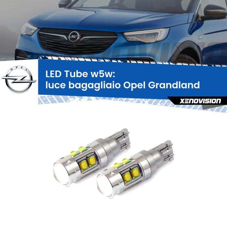 <strong>Luce Bagagliaio LED 6000k per Opel Grandland</strong>  2017 in poi. Lampadine <strong>W5W</strong> canbus modello Tube, luce bianco lunare, lunga durata e compatibilità.