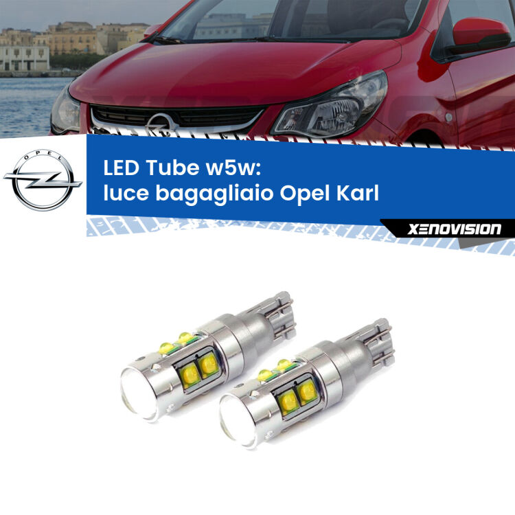 <strong>Luce Bagagliaio LED 6000k per Opel Karl</strong>  2015 - 2018. Lampadine <strong>W5W</strong> canbus modello Tube, luce bianco lunare, lunga durata e compatibilità.