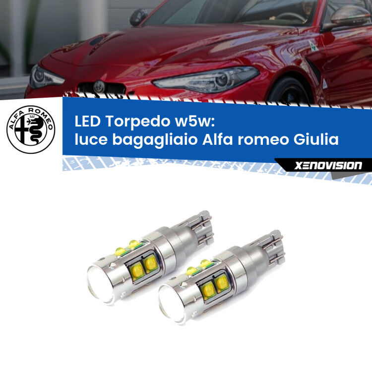 <strong>Luce Bagagliaio LED 6000k per Alfa romeo Giulia</strong>  2015 in poi. Lampadine <strong>W5W</strong> canbus modello Tube, luce bianco lunare, lunga durata e compatibilità.