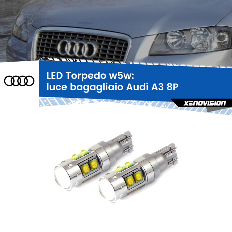 <strong>Luce Bagagliaio LED 6000k per Audi A3</strong> 8P 2003 - 2012. Lampadine <strong>W5W</strong> canbus modello Tube, luce bianco lunare, lunga durata e compatibilità.