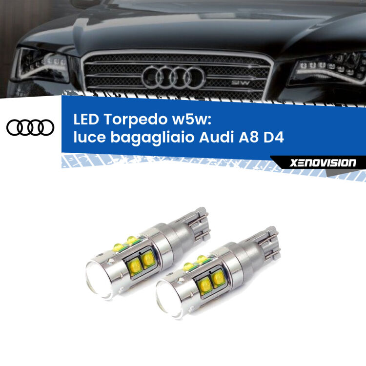 <strong>Luce Bagagliaio LED 6000k per Audi A8</strong> D4 2009 - 2018. Lampadine <strong>W5W</strong> canbus modello Torpedo.