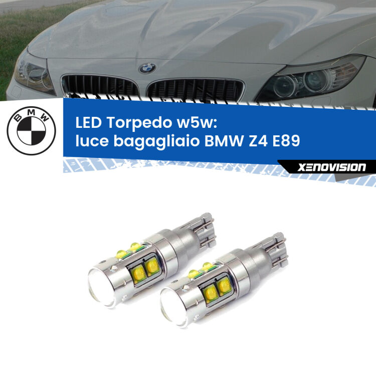 <strong>Luce Bagagliaio LED 6000k per BMW Z4</strong> E89 2009 - 2016. Lampadine <strong>W5W</strong> canbus modello Tube, luce bianco lunare, lunga durata e compatibilità.