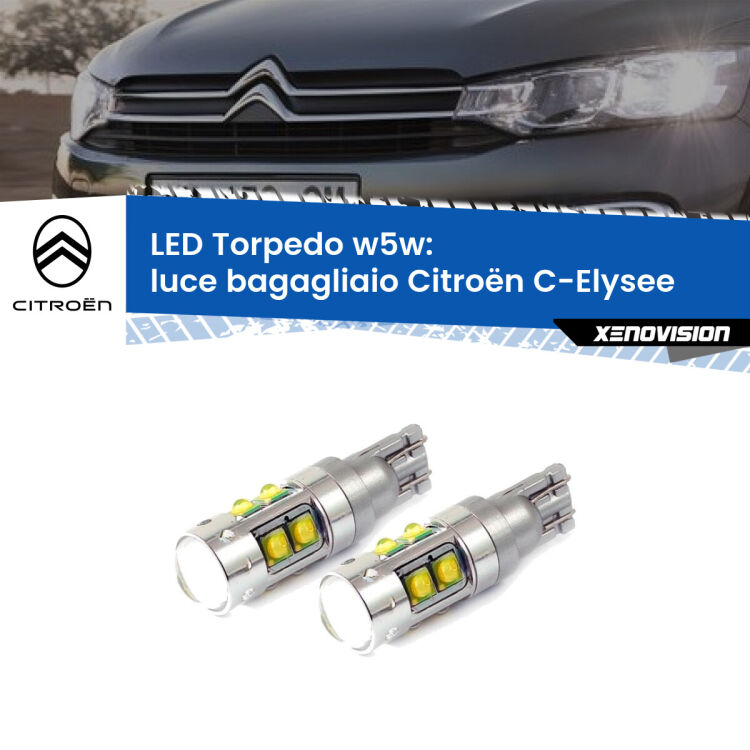 <strong>Luce Bagagliaio LED 6000k per Citroën C-Elysee</strong>  2012 in poi. Lampadine <strong>W5W</strong> canbus modello Torpedo.