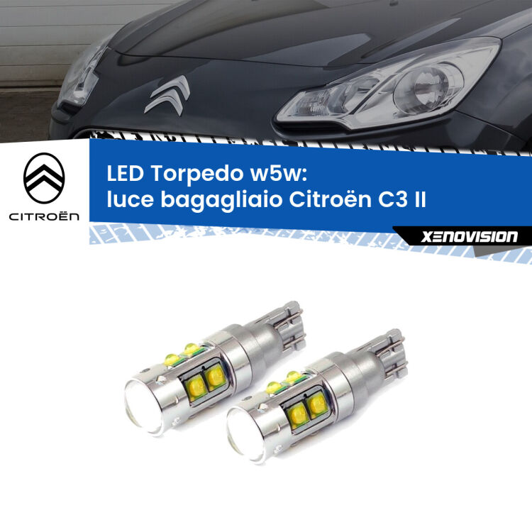 <strong>Luce Bagagliaio LED 6000k per Citroën C3</strong> II 2009 - 2016. Lampadine <strong>W5W</strong> canbus modello Torpedo.