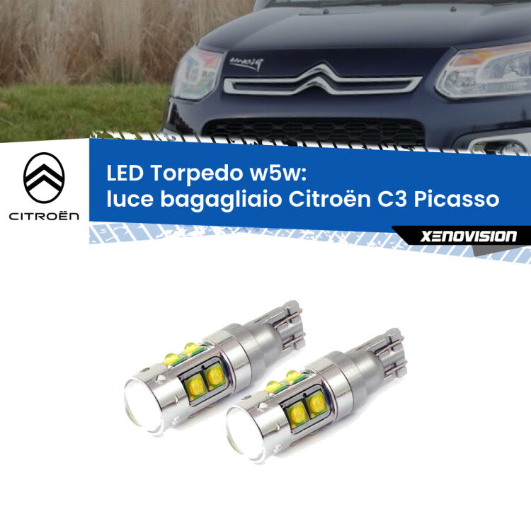 <strong>Luce Bagagliaio LED 6000k per Citroën C3 Picasso</strong>  2009 - 2016. Lampadine <strong>W5W</strong> canbus modello Torpedo.