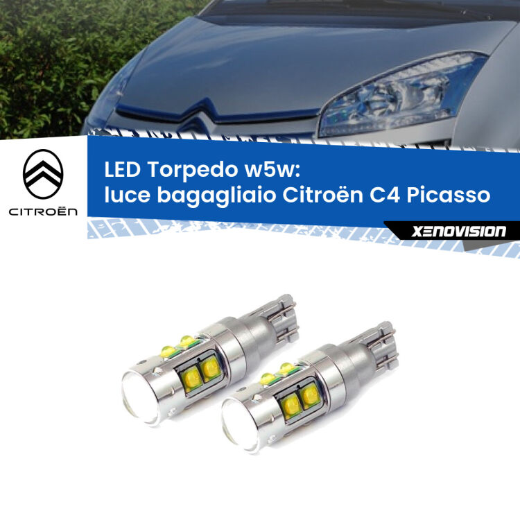 <strong>Luce Bagagliaio LED 6000k per Citroën C4 Picasso</strong>  2006 - 2013. Lampadine <strong>W5W</strong> canbus modello Torpedo.