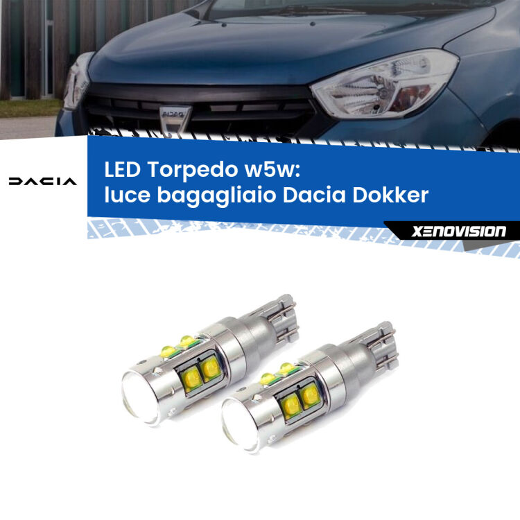 <strong>Luce Bagagliaio LED 6000k per Dacia Dokker</strong>  2012 in poi. Lampadine <strong>W5W</strong> canbus modello Tube, luce bianco lunare, lunga durata e compatibilità.